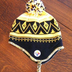 Pittsburgh Steelers Hat Reebok NFL Team Ski Hat Knit Beanie Logo Tie Up Pom Pom